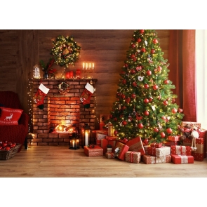 Santa's Gift Box Wood Floor Brick Fireplace Christmas Tree Backdrop Party Photography Background