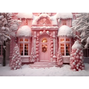 Snow Pink Christmas House Backdrop Party Studio Photography Background