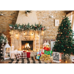 Retro Stone Brick Wall Fireplace Christmas Tree Backdrop Photo Booth Party Photography Background