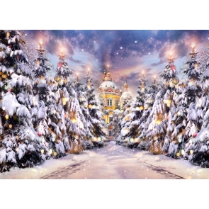 Snow Covered Gold Castle Christmas Tree Forest Christmas Stage Backdrops Party Photography Background