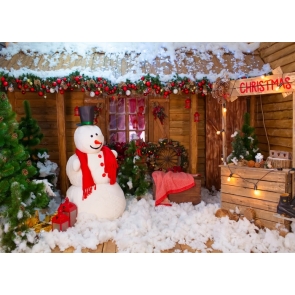 Snowman Wood House Christmas Photo Booth Backdrop Stage Photography Background