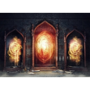 Spooky Night Castle Dark Chamber Magic Mirrors Arch Door Flame Backdrop Video Photography Background