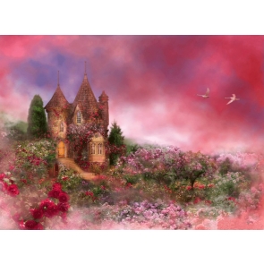 Wonderland Pink Sky Flower Castle Background For Party Photography Backdrop