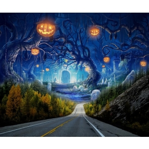 Road Through Scary Pumpkins Bat Forest Vinyl Halloween Backdrops