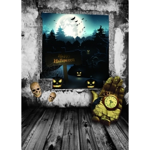Scary Skull Black Pumpkin Wooden Floor Halloween Backdrops