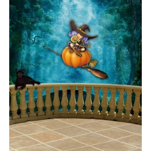 Witch Balcony Sitting On Flying Broom Pumpkin Halloween Backdrops