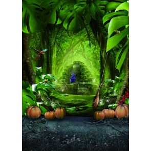 Green Light Covered Forest Tomb Pumpkins Halloween Background