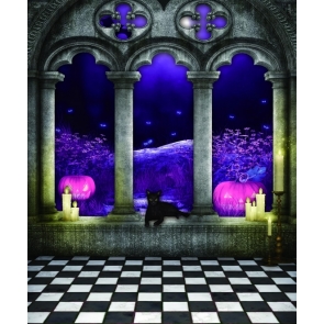 Black White Grid Floor Purple Pumpkins Stage Party Halloween Backdrops