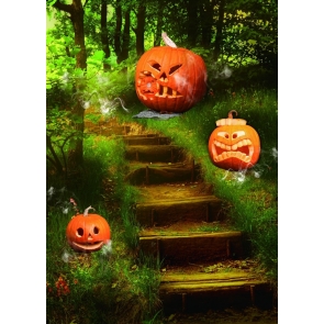 Scary Pumpkin On The Forest Trail Halloween Backdrop