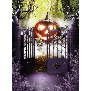  Iron Fence Door Inside Large Pumpkin On Skull Halloween Backdrop