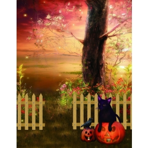 Under The Big Tree Black Cat On Pumpkin Halloween Backdrop