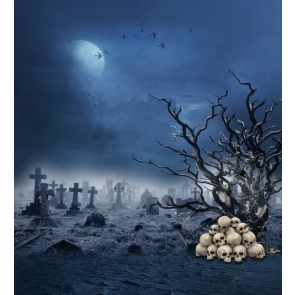Grey sky Cemetery Skull Withered Tree Spider Web Halloween Backdrop