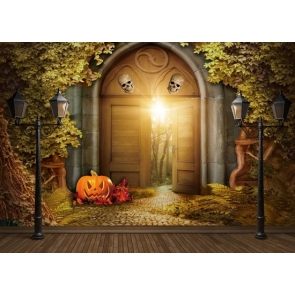 Halloween Forest Pumpkin Skull Door Halloween Backdrop