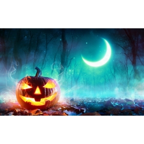Blue Light Covering Moon Forest  Pumpkin Halloween Backdrop