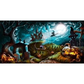 Magical World Castle Flying Witch Scary Pumpkin Halloween Backdrop