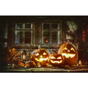 Wooden Floor Window Pumpkin Themed Halloween Photo Party Backdrops