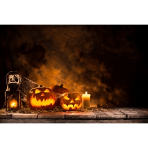 Halloween Pumpkin Lanterns Candle on Wood Floor Background Drops for Photography
