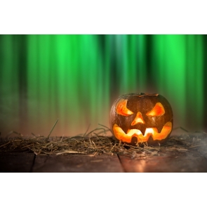 Halloween Pumpkin Lantern on Straw Green Light Photo Drop Background