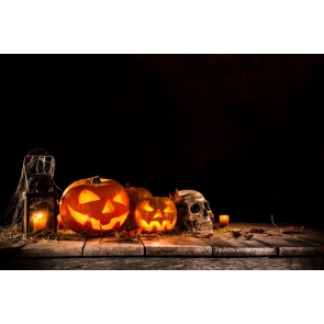 Halloween Party Pumpkin Lanterns Skull Candles on Straw Black Background Camera Backdrops