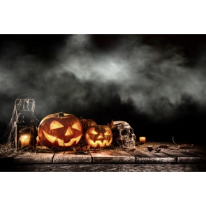 Halloween Party Pumpkin Lanterns Skull Candles on Straw Smoke Fog Photography Photo Backdrops