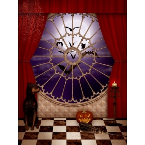 Red Curtain Cloth Spider Web Background Bat Night Sky Halloween Backdrop