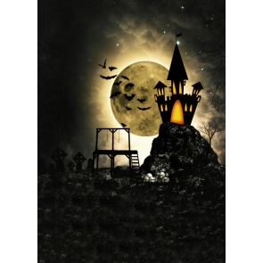 Cartoon Castle Golden Big Moon Bat Magical Halloween Backdrop Photography Background