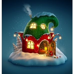 Red Green Hat House in Fairy Tale Christmas Party Picture Backdrop for Children
