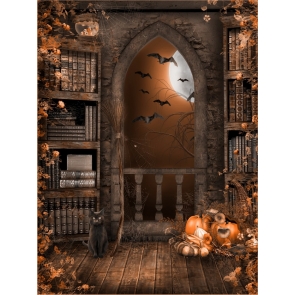 Vintage Medieval Bookshelf Pumpkin Theme Halloween Backdrop Decorations Background