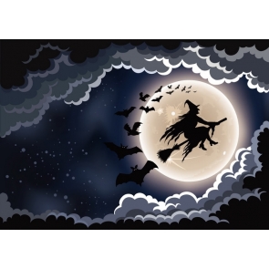 Witch Riding Broom Flying On Moon Halloween Party Backdrop