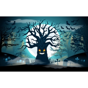 Scary Black Tree Monster Bat Under Blue Night Sky Halloween Party Backdrop