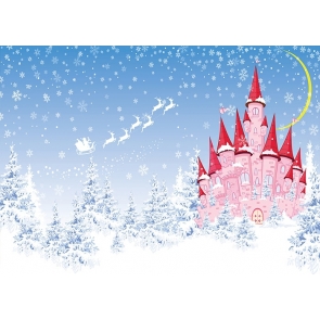 Fairytale Pink Castle Flying Snowflakes Sleigh Christmas Backdrop For Photography