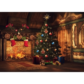 Wood Wall Fireplace Christmas Tree Background Christmas Party Backdrops 