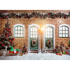 Outdoor Brick Wall Christmas Tree Background Christmas Party Backdrops